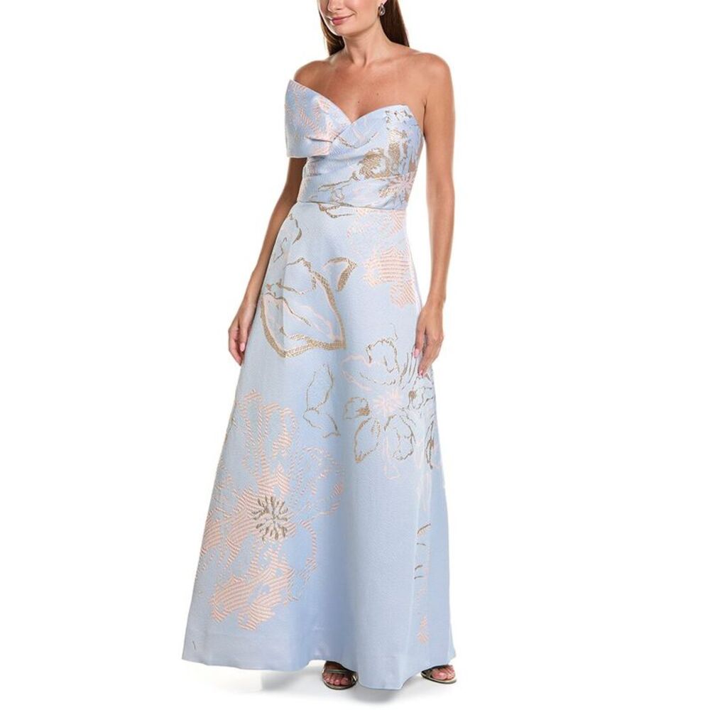 Teri Jon By Rickie Freeman Womens Metallic Jacquard Side Bow A-Line Dress, Blue